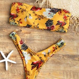 Strapless Floral High Cut Bikini Set - Mustard M